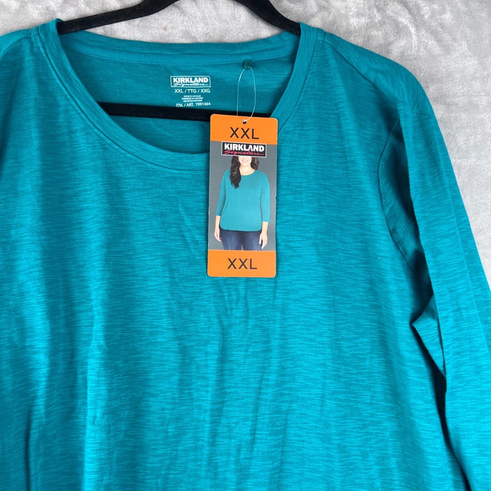 Kirkland Signature Teal Blue Cotton Slub Tee 3/4 Sleeve Scoop Neck XXL 7991664 - Picture 3 of 10